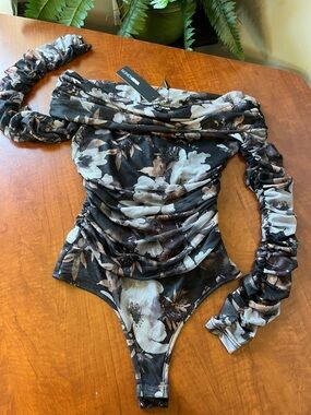 Long Sleeve Tulle Bodysuit Fashion Nova Black Floral Ruched Off-Shoulder
